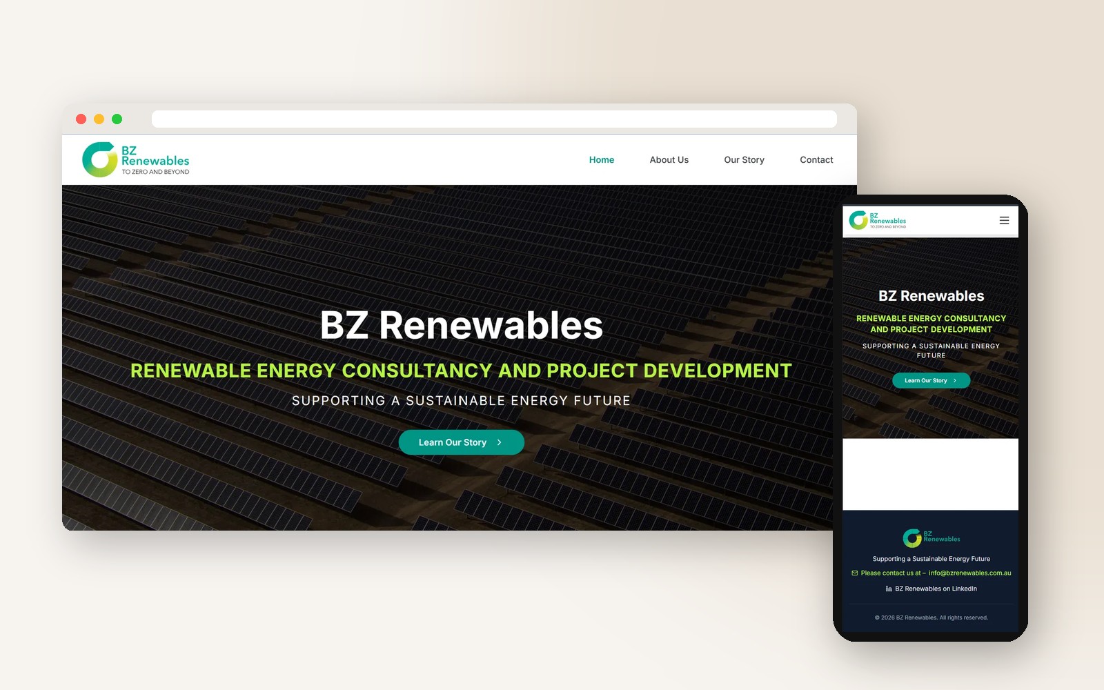 Desktop and mobile screenshots of the BZ Renewables website built by Shopfront Studio