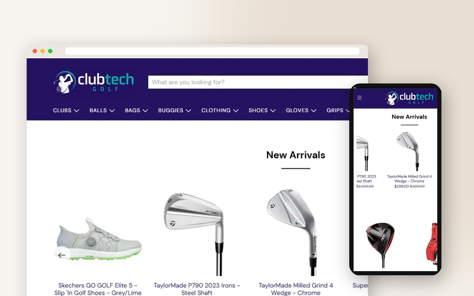 Desktop and mobile screenshots of the ClubTech Golf store built by Shopfront Studio