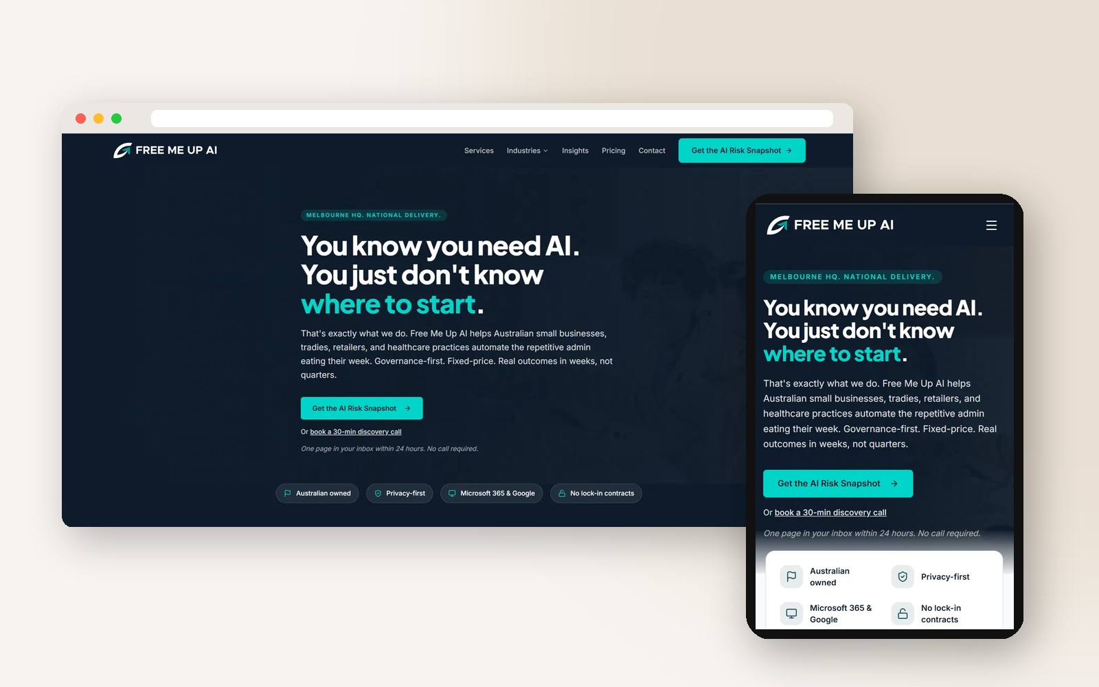Desktop and mobile screenshots of the Free Me Up AI website built by Shopfront Studio
